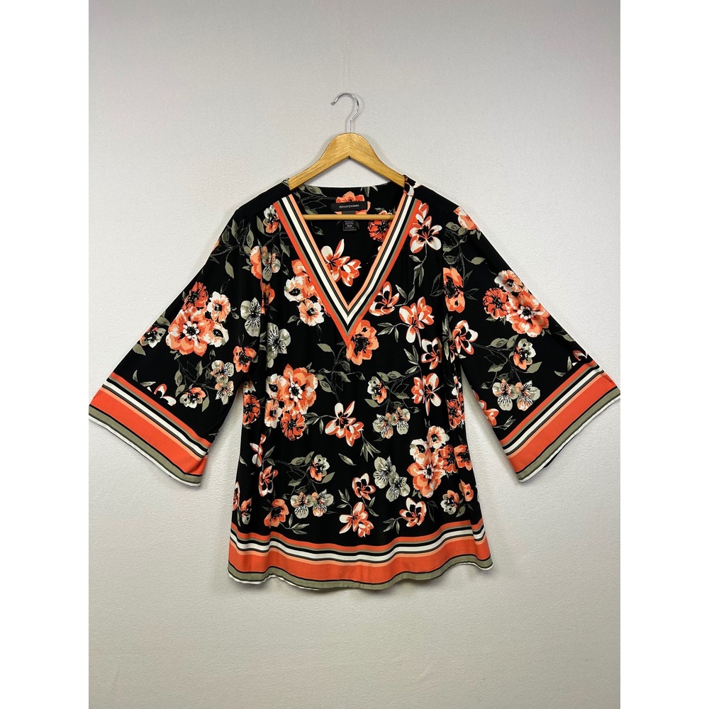 Boho Floral Ashley Stewart Women 18/20 Black Orange V-Neck 3/4 Bell Sleeve Tunic
